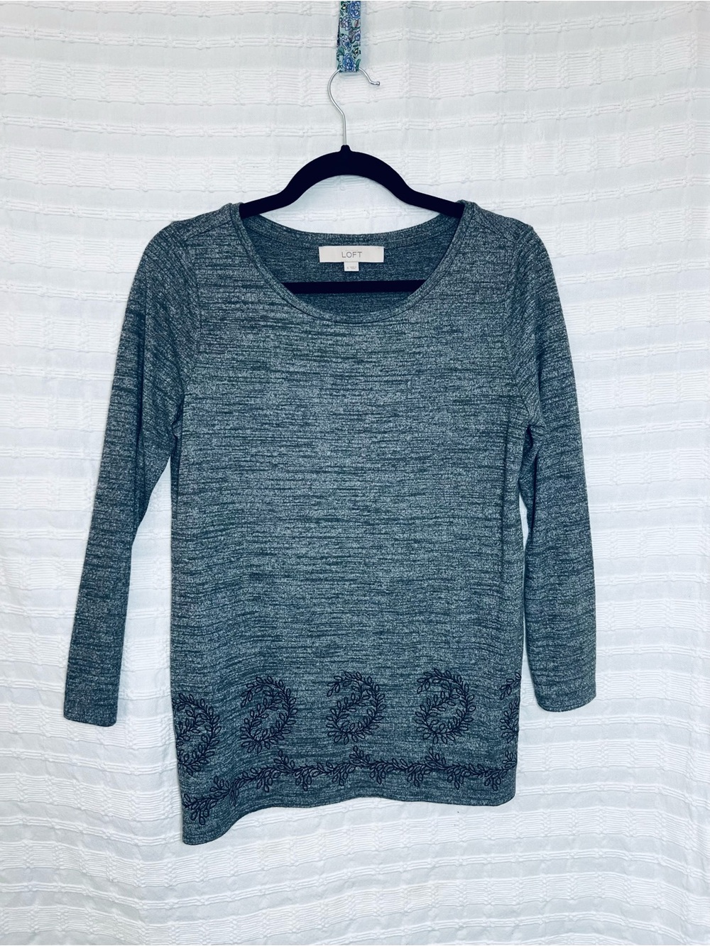 LOFT Heathered Gray Scoop-Neck Embroidered Hem Top